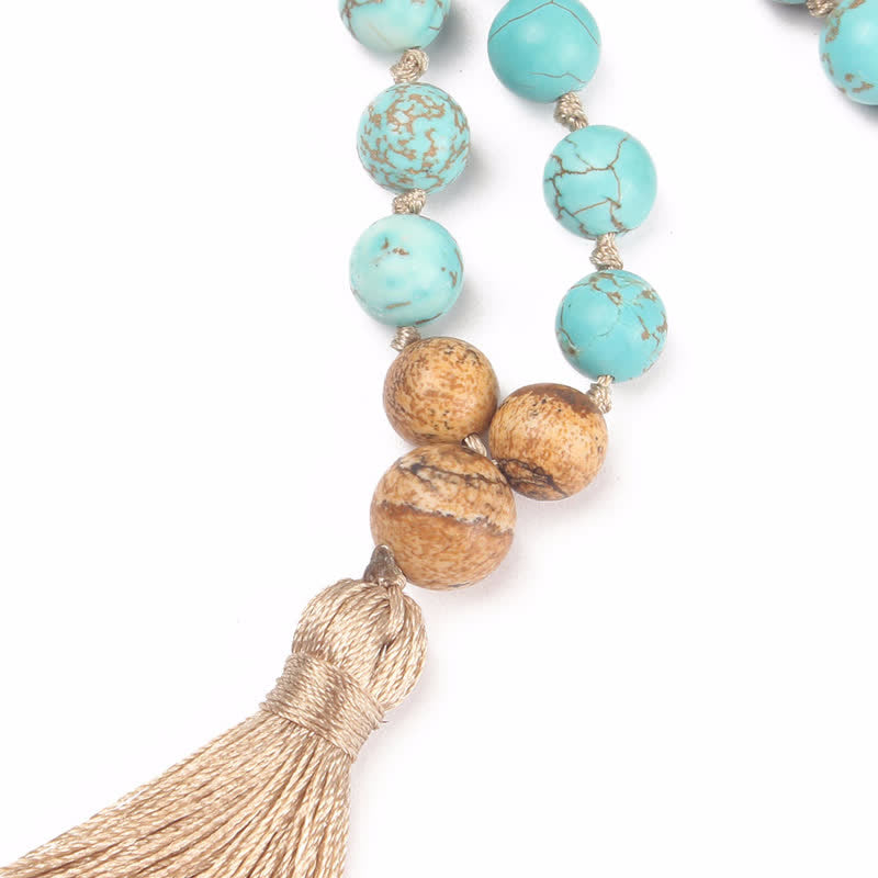 Mythstone 108 Mala Beads Turquoise Picture Jasper Wisdom Tassel Bracelet