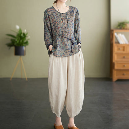 Mythstone 2Pcs Small Flower Tee T-shirt Cotton Linen Harem Pants Set