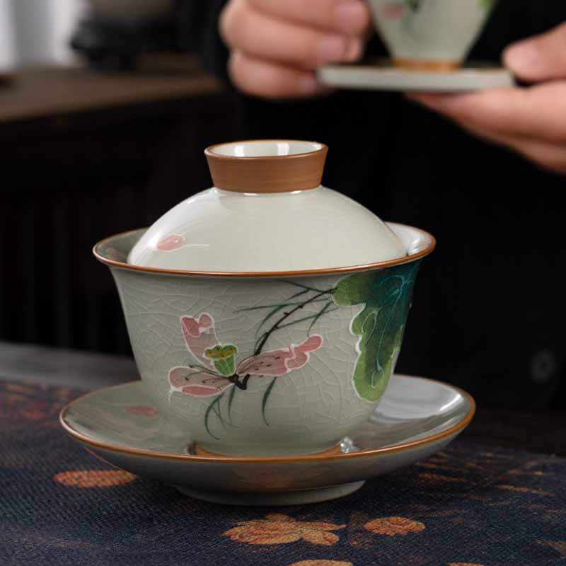 Mythstone Lotus Koi Fish Pod Leaf Ceramic Gaiwan Sancai Teacup Kung Fu Tea Cup And Saucer With Lid 140ml