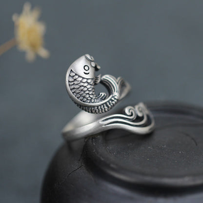 Mythstone 925 Sterling Silver Koi Fish Water Ripple Luck Wealth Ring