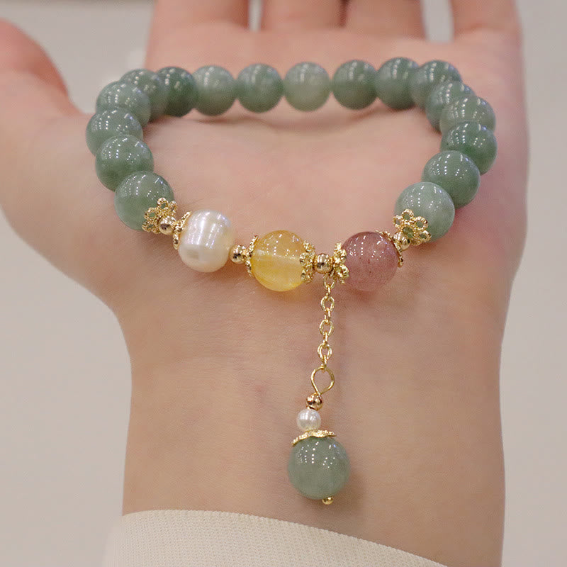 Pulsera con amuleto de la suerte y la abundancia de cuarzo fresa y perla de jade Mythstone