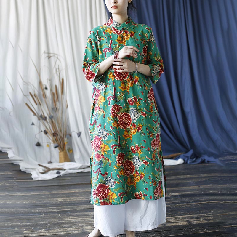 Mythstone Red Blue Peony Midi Dress Half Sleeve Cotton Linen Dress Wide Leg Pants With Pockets