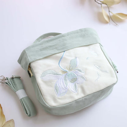 Bolso bandolera de lino y algodón con bordado de loto y magnolia de Mythstone Suzhou