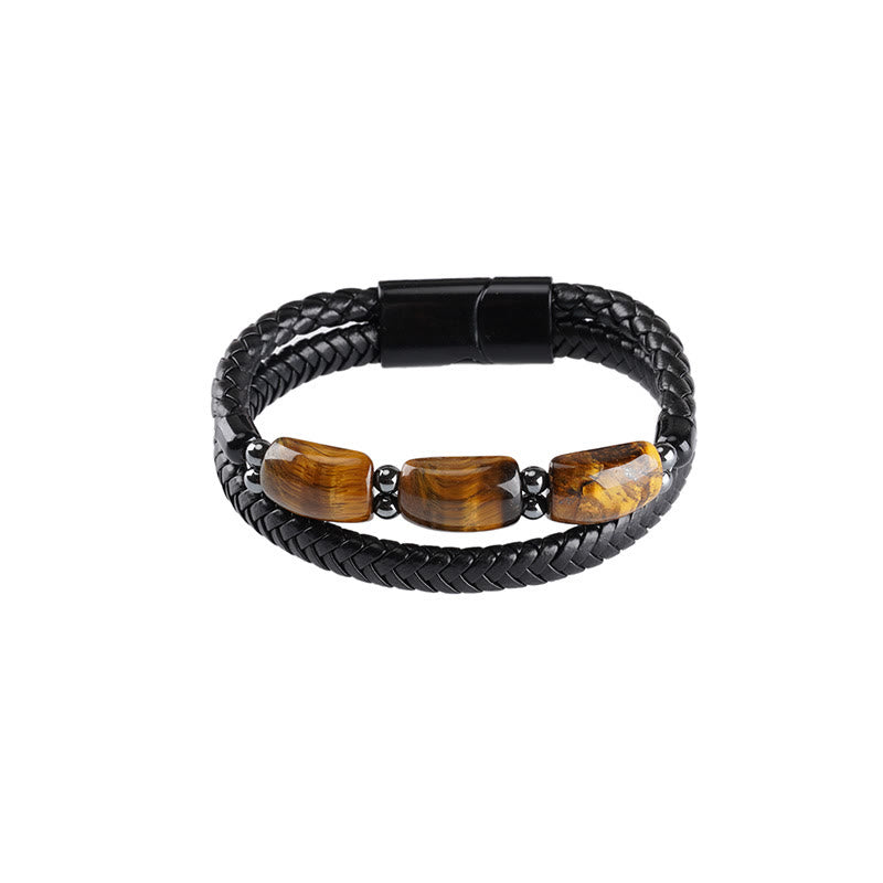 Mythstone Natural Tiger Eye Protection Willpower Magnetic Buckle Leather Bracelet