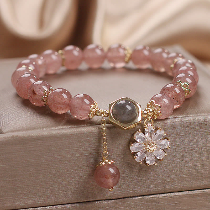 Natural Strawberry Quartz Crystal Daisy Flower Charm Positive Healing Bracelet