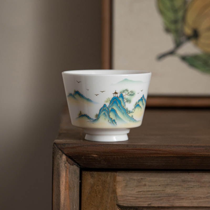 Mythstone Lotus Flower Leaf Mountain Pavilion Elk Peony Ceramic Teacup Kung Fu Tea Cup