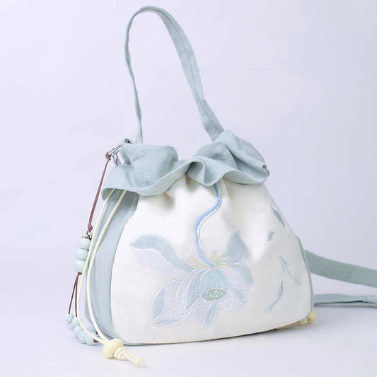 Mythstone Suzhou Embroidery Lotus Epiphyllum Magnolia Cotton Linen Tote Crossbody Bag Shoulder Bag Handbag