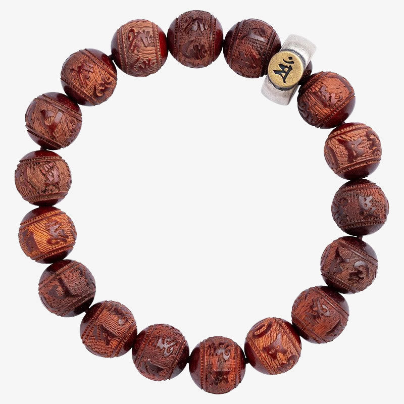 Mythstone Chinese Zodiac Natal Buddha Small Leaf Red Sandalwood Om Mani Padme Hum Protection Bracelet