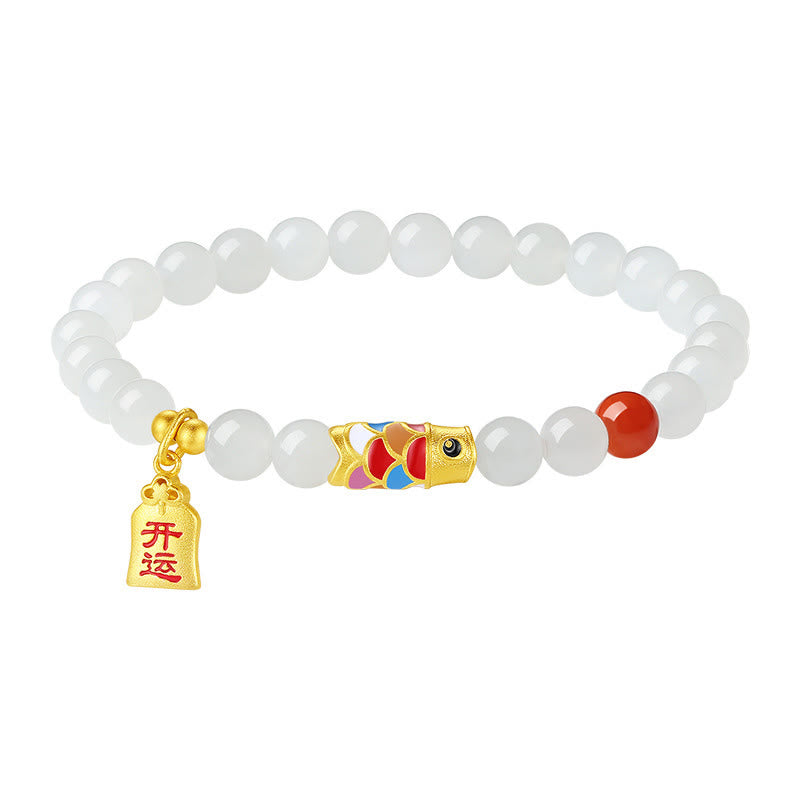 Pulsera de plata de ley 925 con diseño de pez koi, jade blanco hetiano, ágata roja y suerte