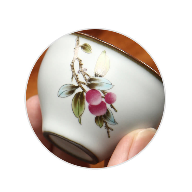 Mythstone Loquat Lychee Snow Scenery Landscape Grape Apple Ceramic Teacup Kung Fu Tea Cup