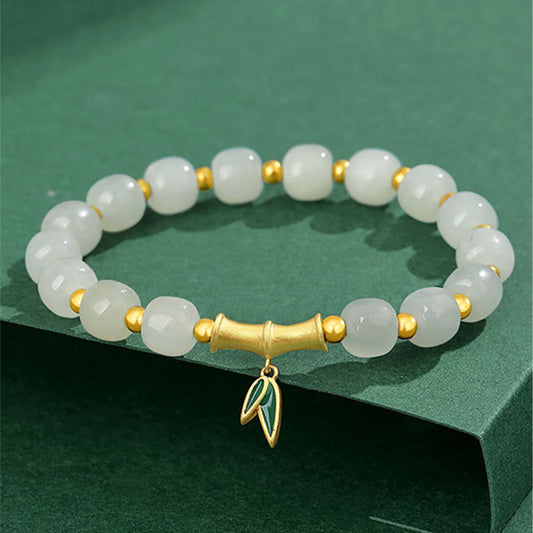 Mythstone 925 Sterling Silver Hetian White Jade Bamboo Luck Bracelet