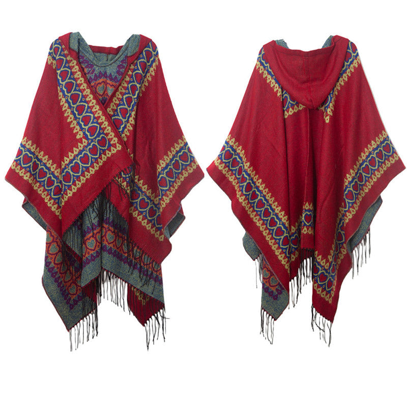 Mythstone Tibetan Shawl Red Love Heart Tassel Hooded Cloak Winter Cozy Travel Scarf Wrap