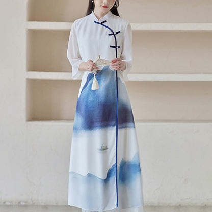 Mythstone Blue Landscape Painting Three Quarter Chinese Cheongsam Midi Dress