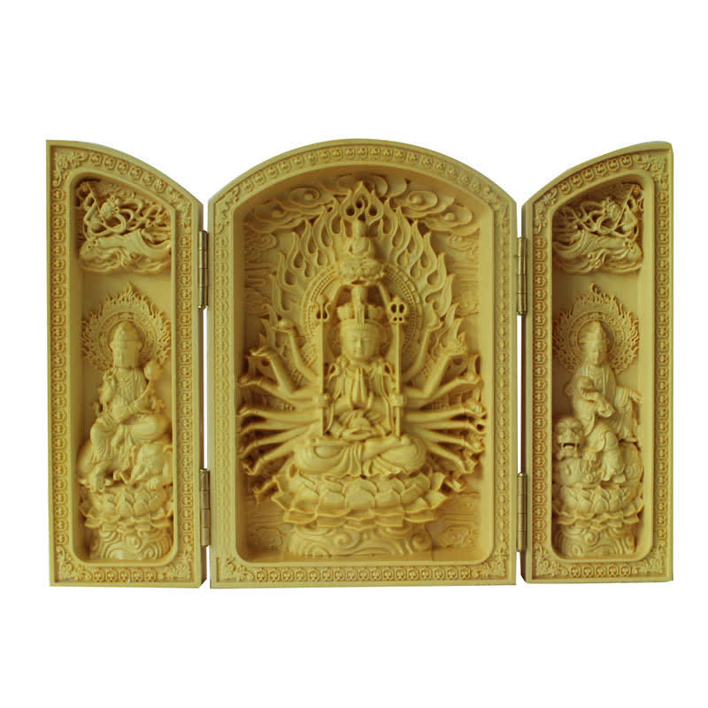 Mythstone Thousand-armed Avalokitesvara Kwan Yin Buddha Boxwood Wealth Home Decoration Altar