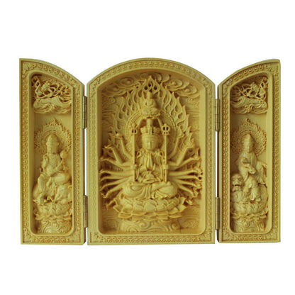 Mythstone Thousand-armed Avalokitesvara Kwan Yin Buddha Boxwood Wealth Home Decoration Altar