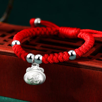 Mythstone 925 Sterling Silver Handmade Fu Character Lucky Money Bag Chinese Lock Charm Bell Lotus Copper Coin King Kong Knot Braided Kids Bracelet