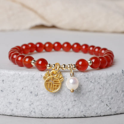 Mythstone Year of the Dragon Red Agate Jade Peace Buckle Fu Character Success Bracelet