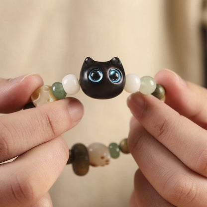 Pulsera de la paz con garra y cabeza de gato y hoja pequeña de sándalo rojo y madera de ébano con semilla de Bodhi y piedra mitológica