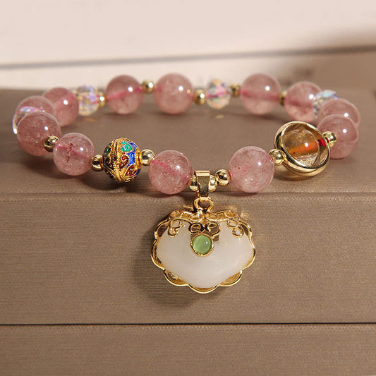 Mythstone Strawberry Quartz Green Crystal Amethyst Healing Chinese Lock Charm Bracelet