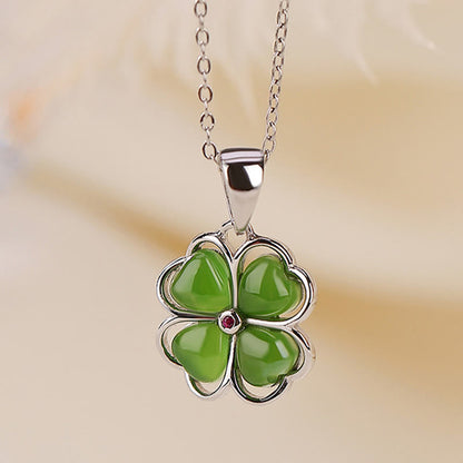 Mythstone 925 Sterling Silver Hetian Cyan Jade Lucky Four Leaf Clover Healing Necklace Pendant