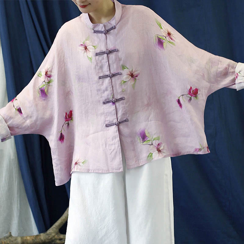 Mythstone Pink Flower Print Frog-button Design Batwing Long Sleeve Ramie Linen Jacket Shirt