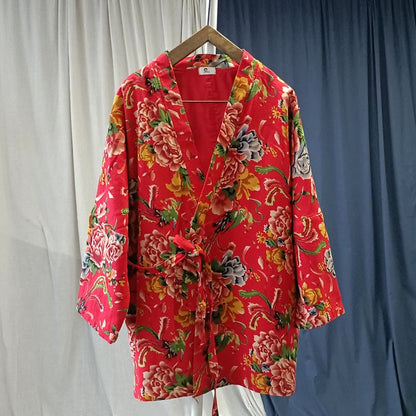 Mythstone Ethnic Style Northeast Red Flower Peony Print Cotton Linen Lace Up Jacket