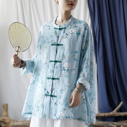 Mythstone Light Green Pink Flowers Green Leaves Frog-Button Long Sleeve Ramie Linen Jacket Shirt