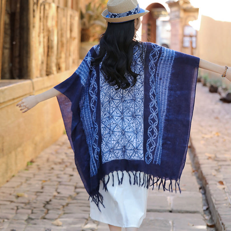 Mythstone Blue Stripe Geometry Indigo Dyeing Shawl Tassels Travel Pullover 90*95cm