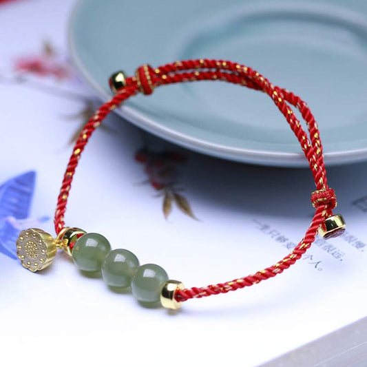 Mythstone Natural Jade Lotus Seed Strength Red String Weave Bracelet