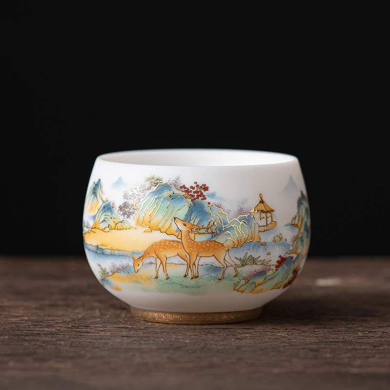 Mythstone Phoenix Dragon Lotus Deer Ancient Building Koi Fish Ceramic Teacup Kung Fu Tea Cups