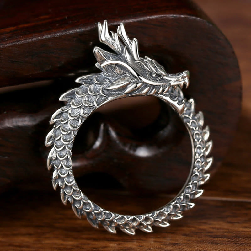 Mythstone 925 Sterling Silver Vintage Dragon Success Protection Strength Adjustable Ring