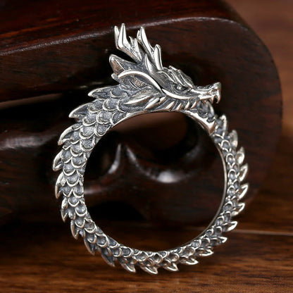 Mythstone 925 Sterling Silver Vintage Dragon Success Protection Strength Adjustable Ring