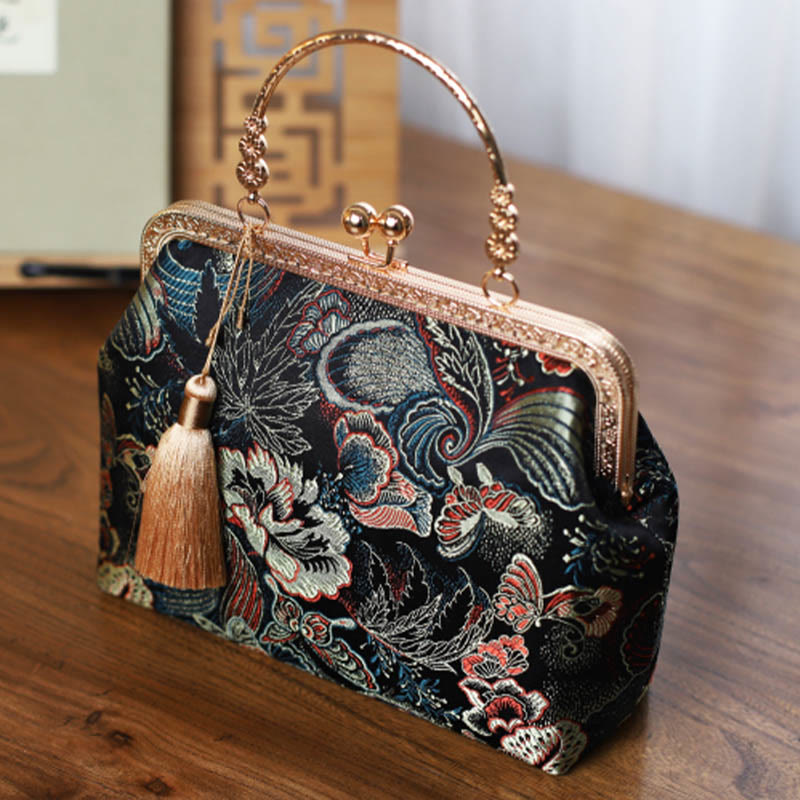 Mythstone Vintage Flower Butterfly Crane Sea Waves Metal Chain Crossbody Bag Shoulder Bag Handbag