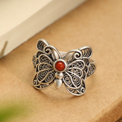 Mythstone 925 Sterling Silver Red Agate Butterfly Self-acceptance Ring Earrings Set