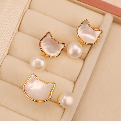 Mythstone 925 Sterling Silver Posts Cute Cat Tridacna Stone Pearl Ring Earrings Necklace Jewelry Set