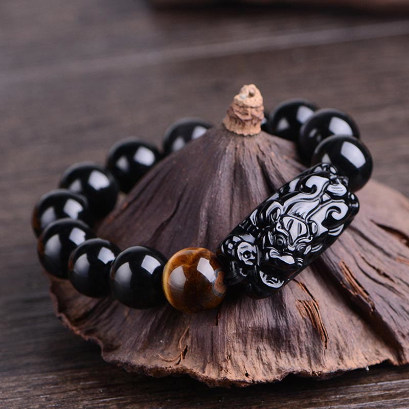 Pulsera de fuerza de ojo de tigre PiXiu con obsidiana negra natural Mythstone 