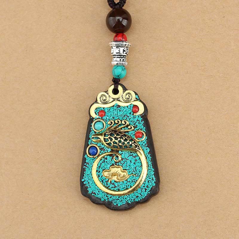 Mythstone Tibet God Of Wealth Money Tree Golden Phoenix Thangka Ebony Peace Necklace Pendant