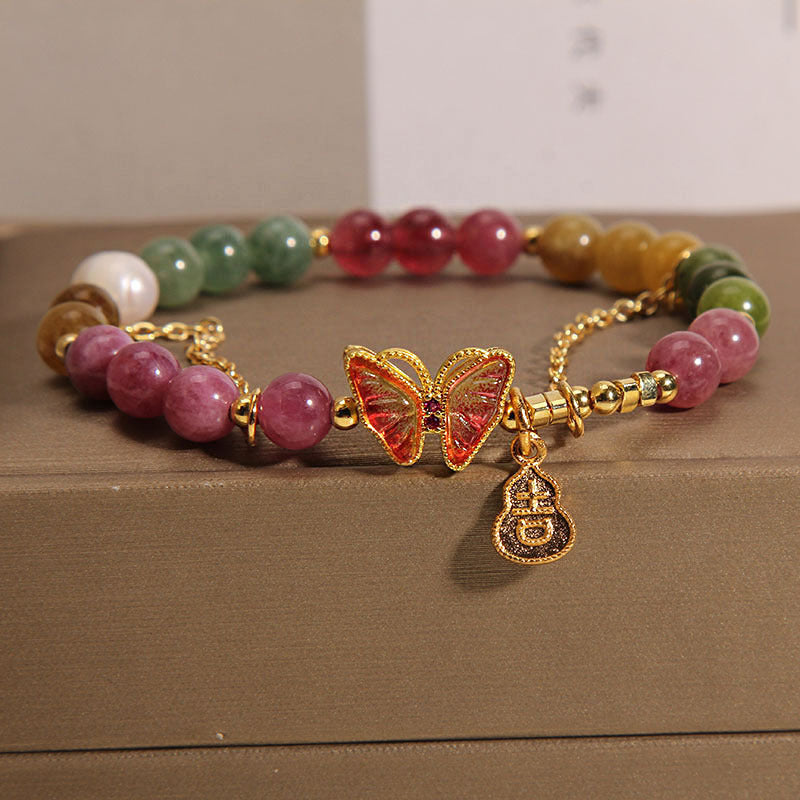 MythStone Natural Colorful Tourmaline Butterfly Auspicious Character Gourd Charm Positive Bracelet