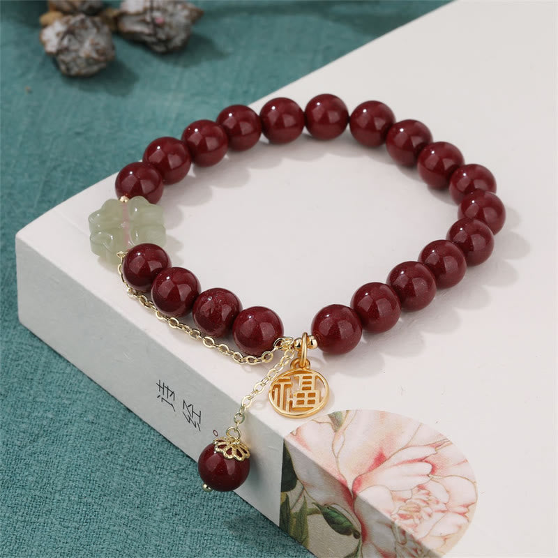 Mythstone Cinnabar Fu Character Hetian Jade Lucky Four Leaf Clover Blessing Bracelet