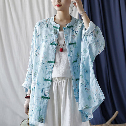 Mythstone Light Green Pink Flowers Green Leaves Frog-Button Long Sleeve Ramie Linen Jacket Shirt