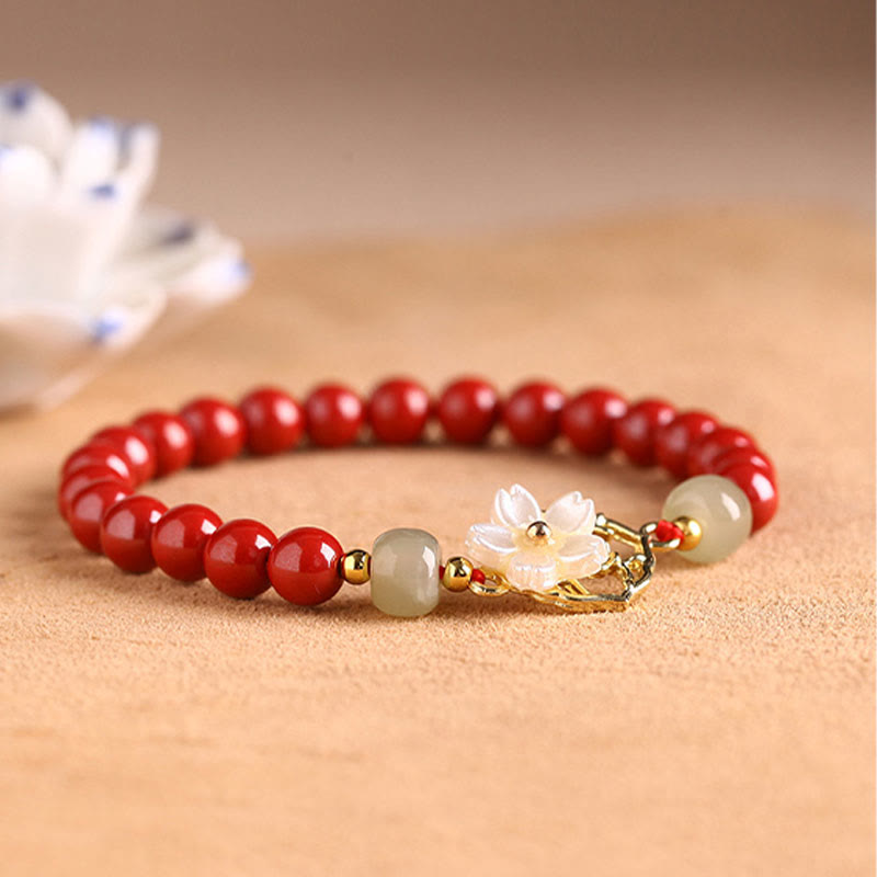 MythStone Natural Cinnabar Jade Beaded Tridacna Stone Flower Blessing Bracelet