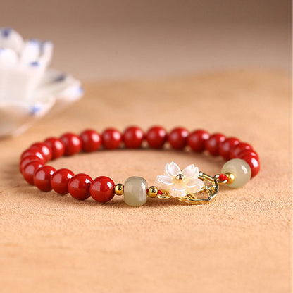 MythStone Natural Cinnabar Jade Beaded Tridacna Stone Flower Blessing Bracelet