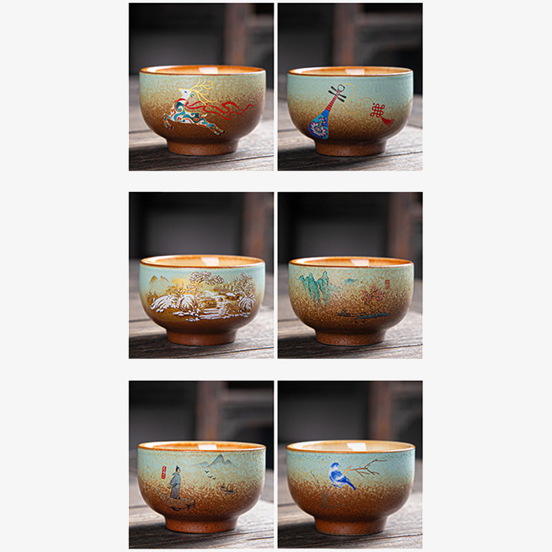 Mythstone Colorful Deer Pipa Snow Plum Blossoms Mountains Rivers Bird Ceramic Teacup Kung Fu Tea Cup Bowl