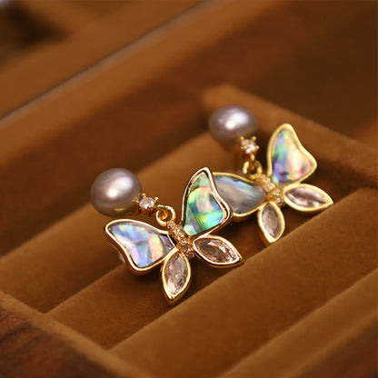 Mythstone 18K Gold Plated Copper Natural Shell Pearl Butterfly Sincerity Stud Earrings