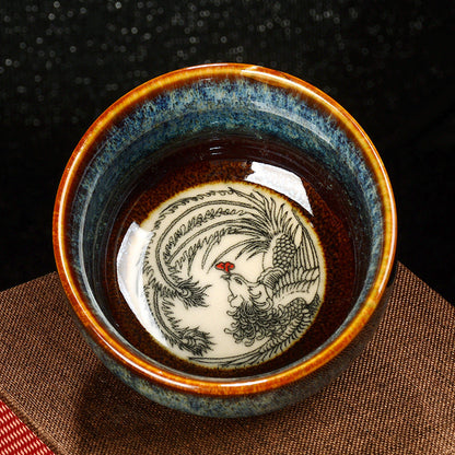 Mythstone Lotus Dragon Phoenix Koi Fish Chinese Jianzhan Ceramic Teacup Kung Fu Tea Cup 110ml