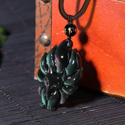 Mythstone Natural Rainbow Obsidian Gold Sheen Obsidian Nine Tailed Fox Positive Necklace Pendant