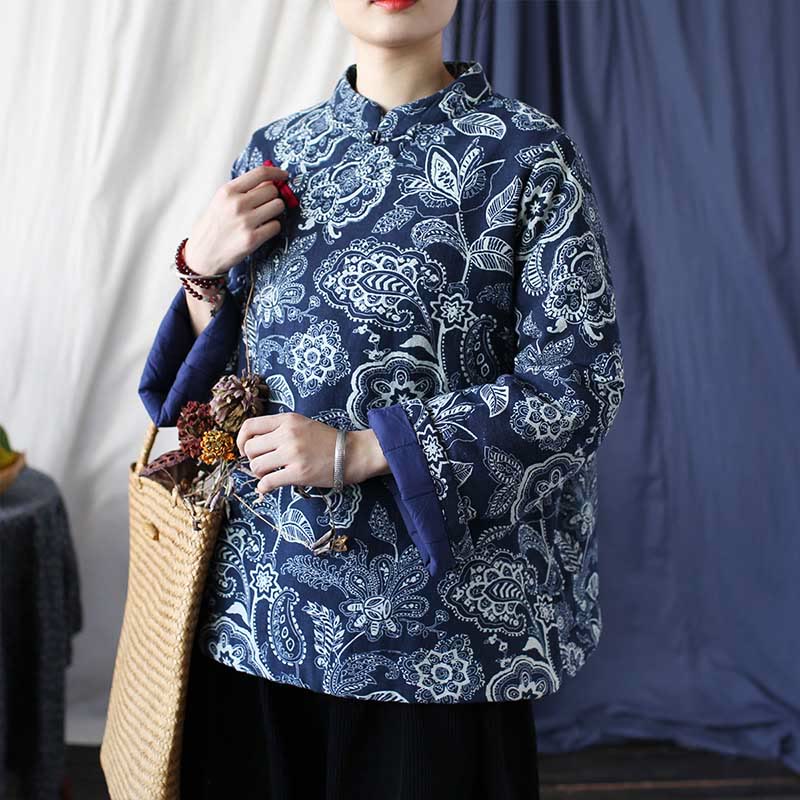 Mythstone Flowers Cotton Linen Jacket Shirt Chinese Northeast Style Winter Clothing