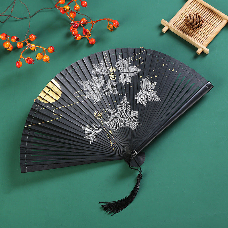 Mythstone Vintage Cloud Crane Maple Leaf Pattern Handheld Bamboo Folding Fan