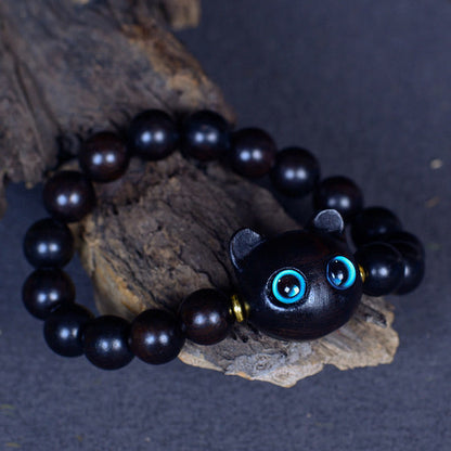 Pulsera de equilibrio de paz con forma de gato encantador de madera de ébano y cristal de Liuli Mythstone 