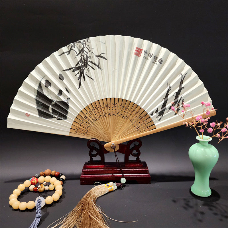 Mythstone A Panorama Of Rivers And Mountains Cranes Orchid Flower Paper Bamboo Handheld Silk Bamboo Folding Fan 22cm